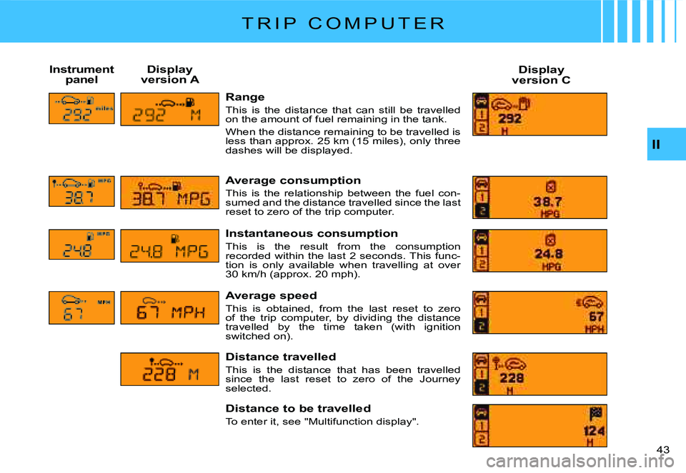 CITROEN C2 2003  Owners Manual II
�4�3� 
Range
This  is  the  distance  that  can  still  be  travelled on the amount of fuel remaining in the tank.
When the distance remaining to be travelled is �l�e�s�s� �t�h�a�n� �a�p�p�r�o�x�.�