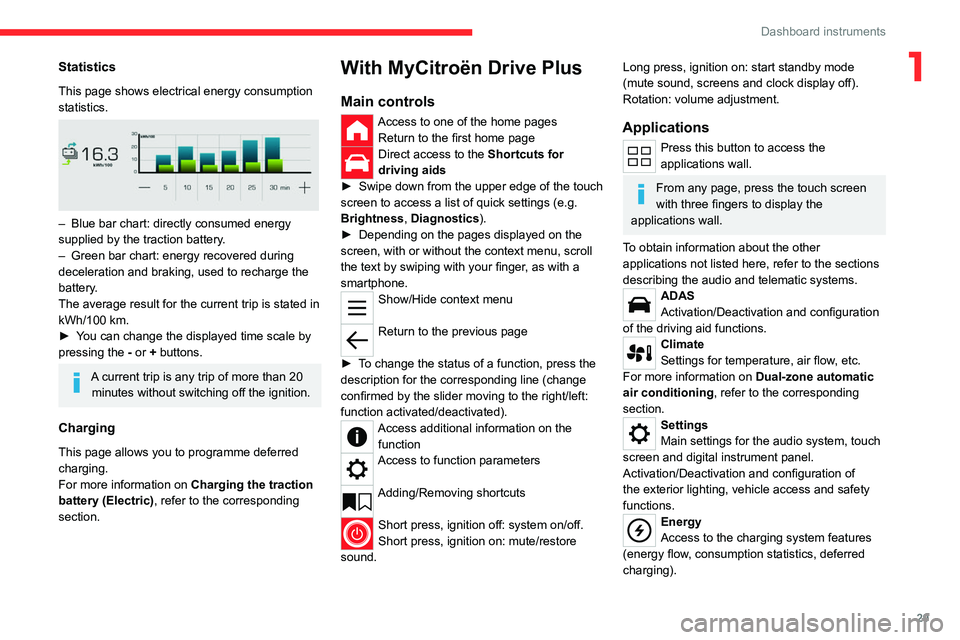 CITROEN C4 2023  Owners Manual 29
Dashboard instruments
1Statistics
This page shows electrical energy consumption 
statistics.
 
 
– Blue bar chart: directly consumed energy 
supplied by the traction battery .
–
 
Green bar cha