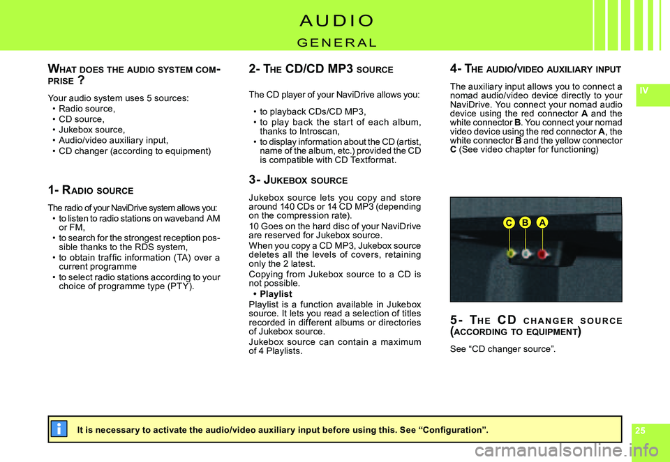 CITROEN C4 2004  Owners Manual 252525
IV
ABC
WHAT 	DOES 	THE 	AUDIO 	SYSTEM 	COM -PRISE 	?
Your audio system uses 5 sources:Radio source,CD source,Jukebox source,Audio/video auxiliary input,CD changer (according to equipment)
