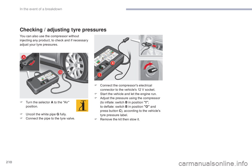 CITROEN C5 2020  Owners Manual 210
C5_en_Chap08_en-cas-de-panne_ed01-2016
Checking / adjusting tyre pressures
You can also use the compressor without 
injecting any product, to check and if necessary 
adjust your tyre pressures.
F 