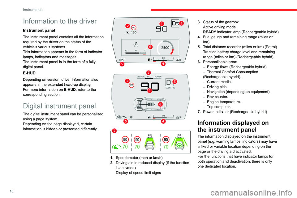 CITROEN C5 X 2022  Owners Manual 10
Instruments
Information to the driver
Instrument panel
The instrument panel contains all the information 
required by the driver on the status of the 
vehicle's various systems.
This informatio