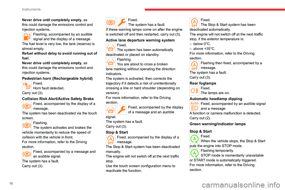 CITROEN C5 X 2022  Owners Manual 16
Instruments
Never drive until completely empty, as 
this could damage the emissions control and 
injection systems.
Flashing, accompanied by an audible 
signal and the display of a message.
The fue