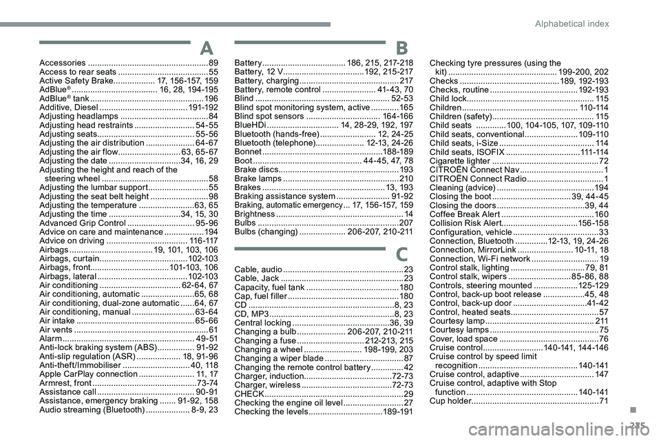 CITROEN C5 AIRCROSS 2023  Owners Manual 225
AAccessories .................................................... 89
Access to rear seats   ....................................... 55
Active Safety Brake.................. 17, 15 6 -157, 159
AdBl