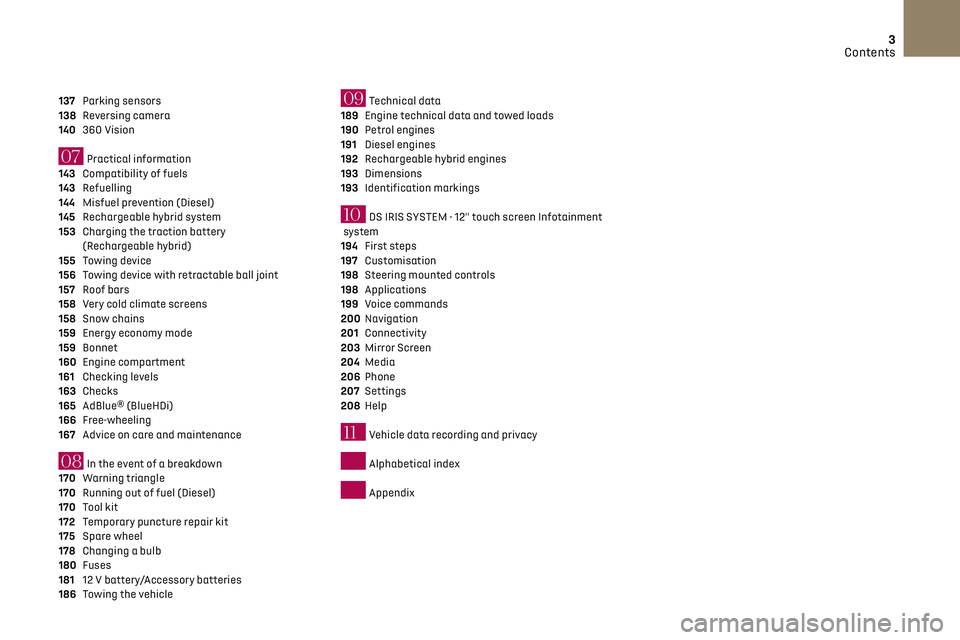 CITROEN DS7 CROSSBACK 2023  Owners Manual 3
Contents
137 Parking sensors 
138 Reversing camera 
140 360 Vision 
07 Practical information
143 Compatibility of fuels 
143 Refuelling 
144 Misfuel prevention (Diesel) 
145 Rechargeable hybrid syst