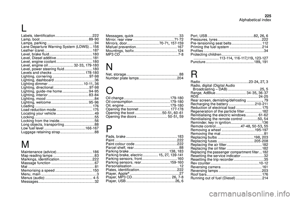 CITROEN DS4 2023  Owners Manual 225
Messages, quick .............................................33
M irror, rear view   ......................................... 71-72
Mirrors, door ................................ 70 -71, 157-159
