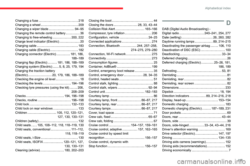 CITROEN JUMPY 2021  Owners Manual 291
Alphabetical index
Changing a fuse     218
Changing a wheel     
209
Changing a wiper blade
    
94–95
Changing the remote control battery
    
36
Changing to free-wheeling
    
200, 222
Charge 