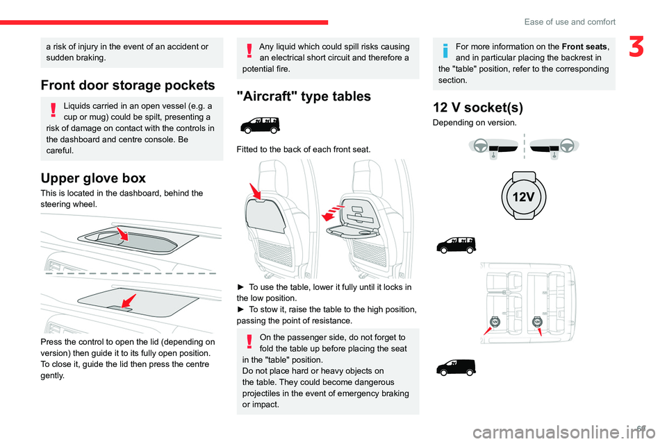 CITROEN JUMPY 2019  Owners Manual 69
Ease of use and comfort
3a risk of injury in the event of an accident or 
sudden braking.
Front door storage pockets
Liquids carried in an open vessel (e.g. a 
cup or mug) could be spilt, presentin