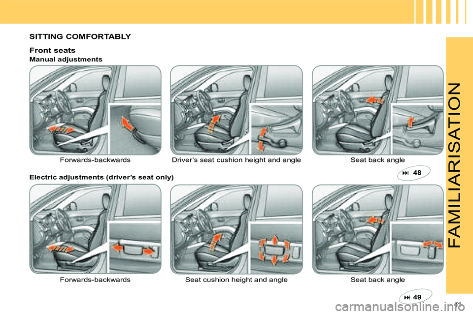 CITROEN C CROSSER DAG 2009  Owners Manual 11 
FAMILIARISATION
  SITTING COMFORTABLY     
��   49    
  Front seats 
 Forwards-backwards   Driver’s seat cushion height and angle   Seat  back angle 
  Manual adjustments  
  Electric adjust