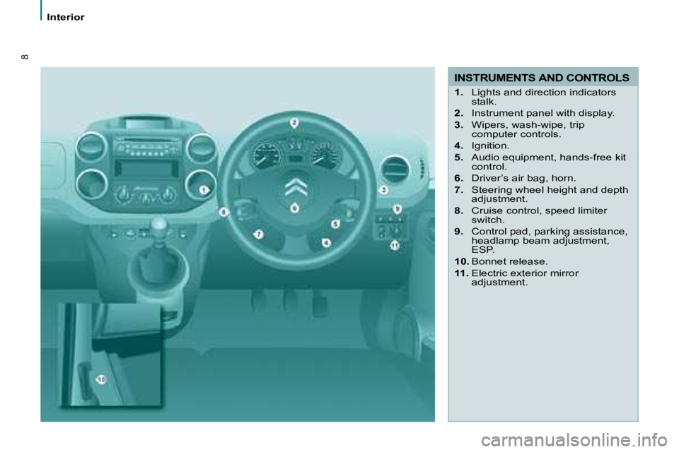 CITROEN BERLINGO 2008  Owners Manual 8
Interior
  INSTRUMENTS AND CONTROLS 
   
1.    Lights and direction indicators 
stalk. 
  
2. � �  �I�n�s�t�r�u�m�e�n�t� �p�a�n�e�l� �w�i�t�h� �d�i�s�p�l�a�y�.� 
  
3.    Wipers, wash-wipe, trip 
co