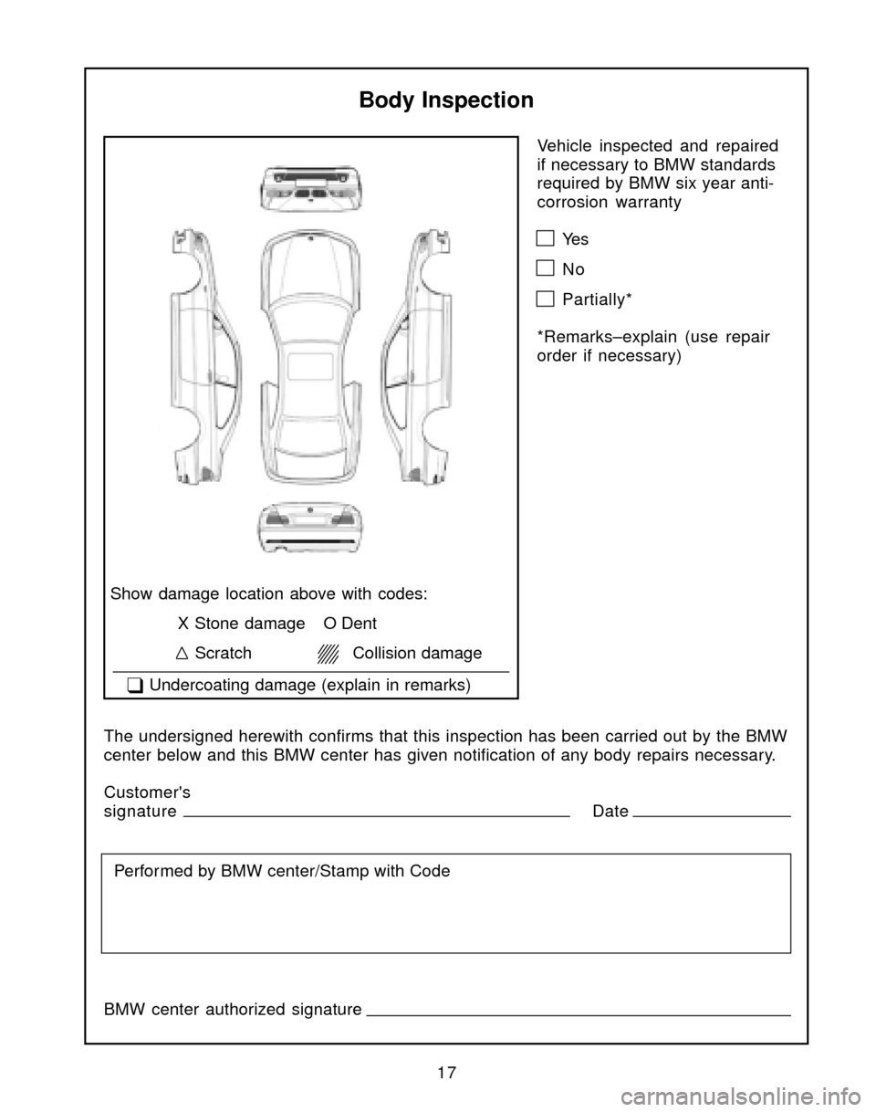 BMW 3 SERIES 2004 E46 Service and warranty information Vehicle inspected and repaired
if necessary to BMW standards
required by BMW six year anti-
corrosion warranty
Ye s
No
Partially*
*Remarks–explain (use repair
order if necessary)
Body Inspection
Sho