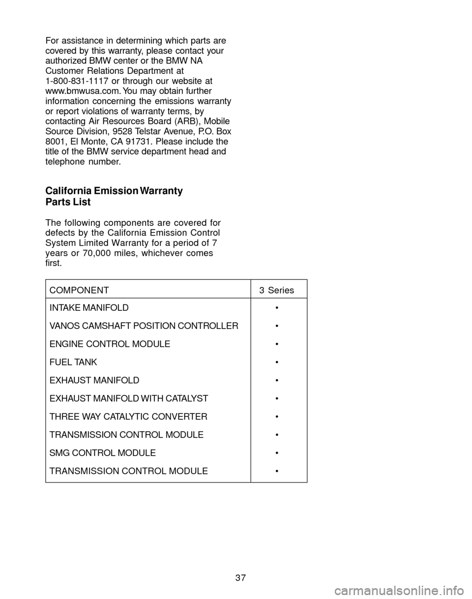 BMW 3 SERIES 2004 E46 Service and warranty information 37 For assistance in determining which parts are
covered by this warranty, please contact your
authorized BMW center or the BMW NA
Customer Relations Department at
1-800-831-1117 or through our websit BMW 3 SERIES 2004 E46 Service and warranty information 37 For assistance in determining which parts are
covered by this warranty, please contact your
authorized BMW center or the BMW NA
Customer Relations Department at
1-800-831-1117 or through our websit