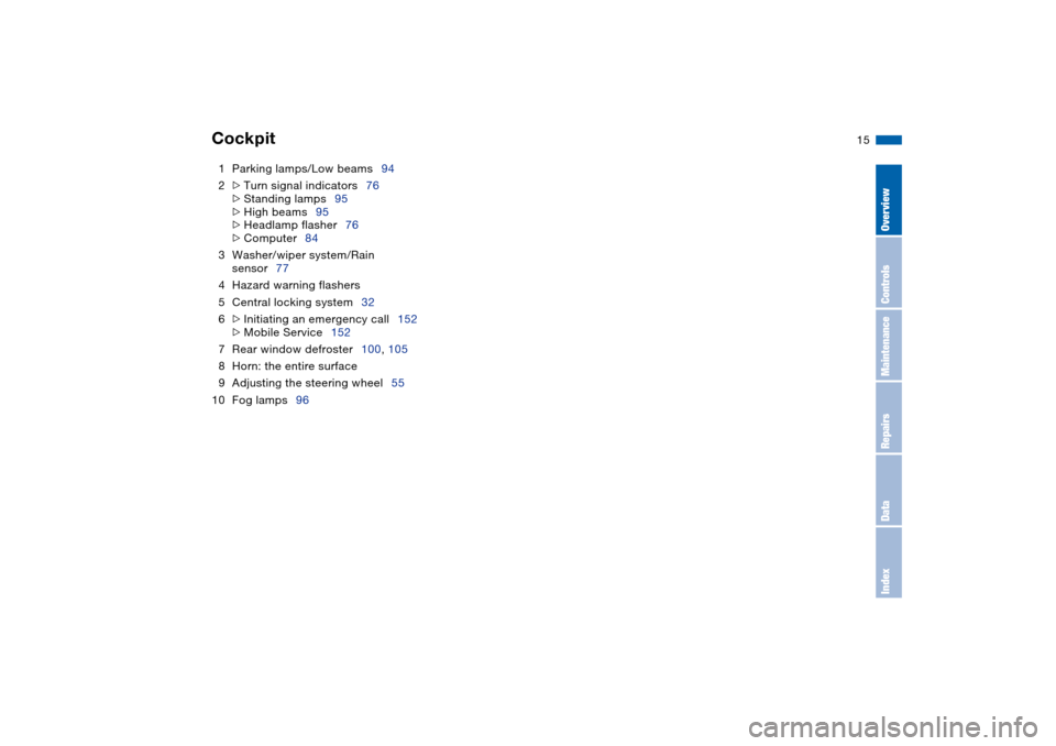 BMW 325XI SEDAN 2004 E46 User Guide  
15
1Parking lamps/Low beams94
2
 
>
 
Turn signal indicators76
 
>
 
Standing lamps95
 
>
 
High beams95
 
>
 
Headlamp flasher76
 
>
 
Computer84
3Washer/wiper system/Rain 
sensor77
4Hazard warning