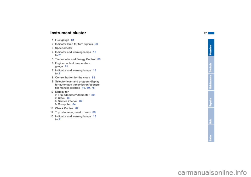 BMW 330I SEDAN 2004 E46 Owners Manual  
17
1Fuel gauge81
2Indicator lamp for turn signals20
3Speedometer
4Indicator and warning lamps18
to 21
5Tachometer and Energy Control80
6Engine coolant temperature 
gauge81
7Indicator and warning lam
