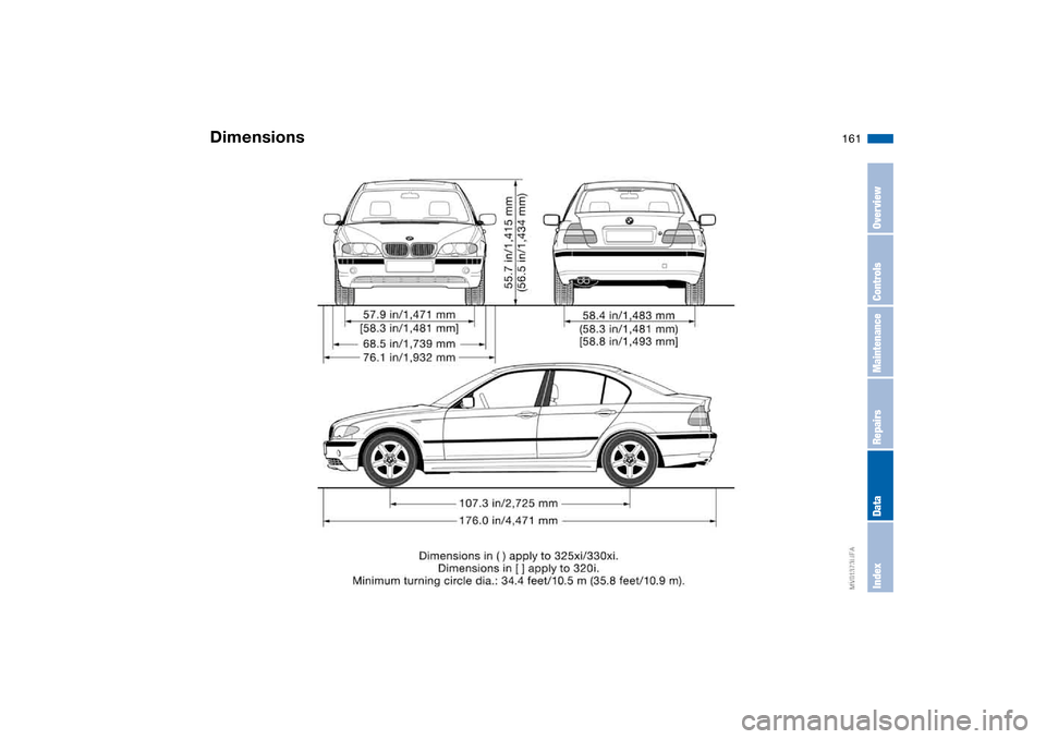BMW 325I SEDAN 2004 E46 Owners Manual 161
Dimensions
OverviewControlsMaintenanceRepairsDataIndex 