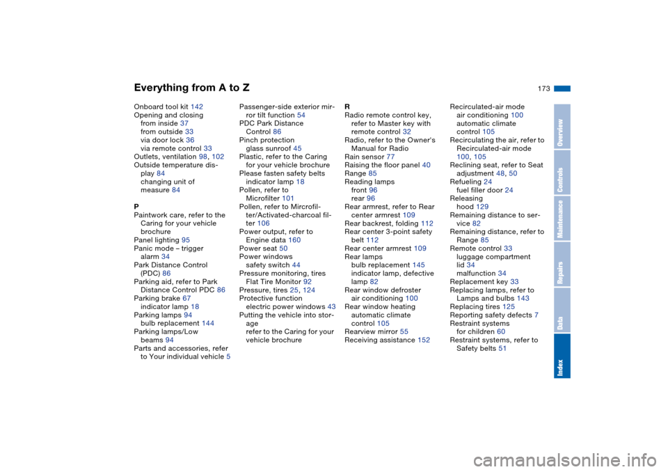 BMW 330I SEDAN 2004 E46 Owners Manual Everything from A to Z
173
Onboard tool kit 142
Opening and closing
from inside 37
from outside 33
via door lock 36
via remote control 33
Outlets, ventilation 98, 102
Outside temperature dis-
play 84
