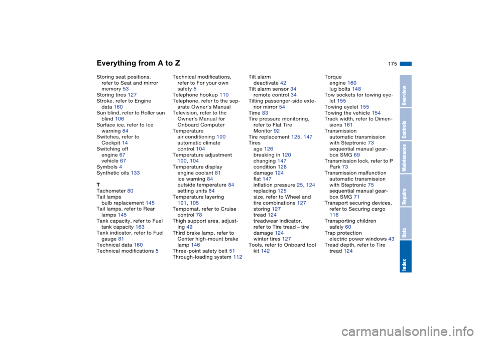 BMW 330XI SEDAN 2004 E46 Owners Manual Everything from A to Z
175
Storing seat positions, 
refer to Seat and mirror 
memory 53
Storing tires 127
Stroke, refer to Engine 
data 160
Sun blind, refer to Roller sun 
blind 106
Surface ice, refer