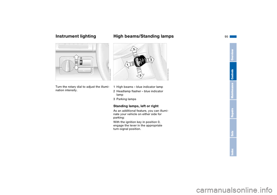 BMW 330I SEDAN 2004 E46 Owners Manual 95
Instrument lightingTurn the rotary dial to adjust the illumi-
nation intensity.
High beams/Standing lamps1High beams – blue indicator lamp
2Headlamp flasher – blue indicator 
lamp
3Parking lamp