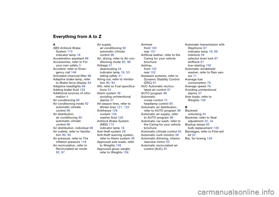BMW 330CI COUPE 2004 E46 Owners Manual Everything from A to ZA
ABS Antilock Brake 
System 115
indicator lamp 18
Acceleration assistant 66
Accessories, refer to For 
your own safety 5
Accident, refer to Emer-
gency call 146
Activated-charco