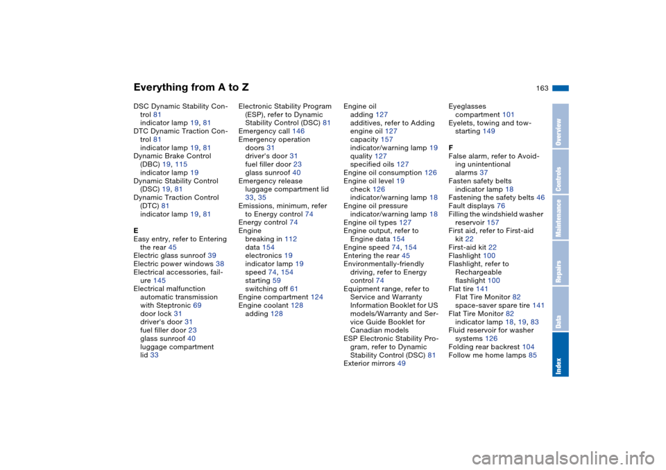 BMW 330CI COUPE 2004 E46 Owners Manual Everything from A to Z
163
DSC Dynamic Stability Con-
trol 81
indicator lamp 19, 81
DTC Dynamic Traction Con-
trol 81
indicator lamp 19, 81
Dynamic Brake Control 
(DBC) 19, 115
indicator lamp 19
Dynam