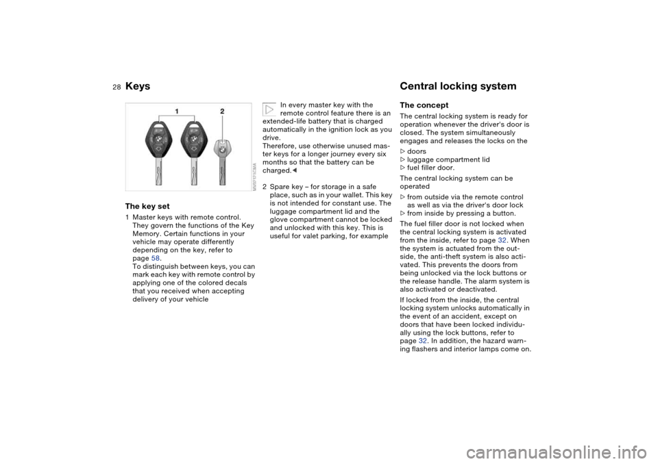 BMW 330CI COUPE 2004 E46 Owners Guide 28Opening and closing
KeysThe key set1Master keys with remote control.
They govern the functions of the Key
Memory. Certain functions in your
vehicle may operate differently
depending on the key, BMW 330CI COUPE 2004 E46 Owners Guide 28Opening and closing
KeysThe key set1Master keys with remote control.
They govern the functions of the Key
Memory. Certain functions in your
vehicle may operate differently
depending on the key,