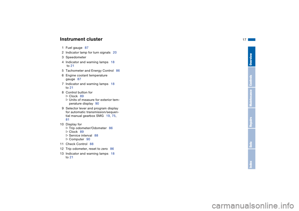 BMW 330CI CONVERTIBLE 2004 E46 Owners Manual  
17
1Fuel gauge87
2Indicator lamp for turn signals20
3Speedometer
4Indicator and warning lamps18
 to 21
5Tachometer and Energy Control86
6Engine coolant temperature 
gauge87
7Indicator and warning la