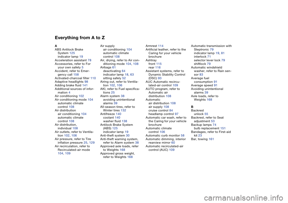 BMW 330CI CONVERTIBLE 2004 E46 User Guide Everything from A to ZA
ABS Antilock Brake 
System 125
indicator lamp 19
Acceleration assistant 78
Accessories, refer to For 
your own safety 5
Accident, refer to Emer-
gency call 158
Activated-charco