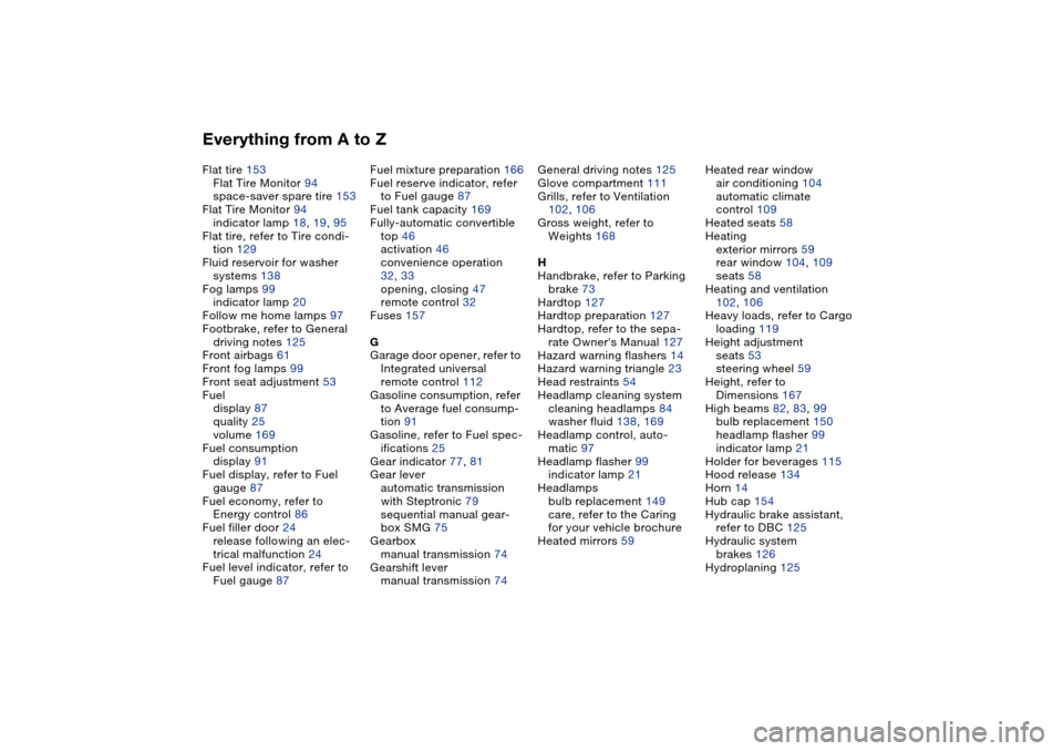 BMW 330CI CONVERTIBLE 2004 E46 Owners Manual Everything from A to ZFlat tire 153
Flat Tire Monitor 94
space-saver spare tire 153
Flat Tire Monitor 94
indicator lamp 18, 19, 95
Flat tire, refer to Tire condi-
tion 129
Fluid reservoir for washer 
