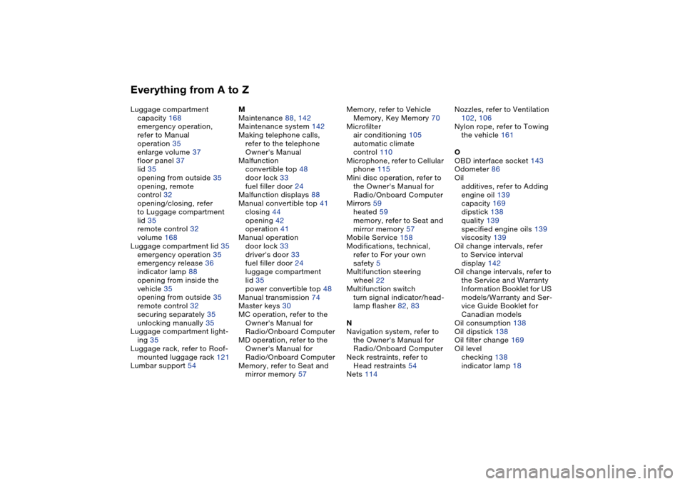 BMW 330CI CONVERTIBLE 2004 E46 User Guide Everything from A to ZLuggage compartment
capacity 168
emergency operation, 
refer to Manual 
operation 35
enlarge volume 37
floor panel 37
lid 35
opening from outside 35
opening, remote 
control 32
o