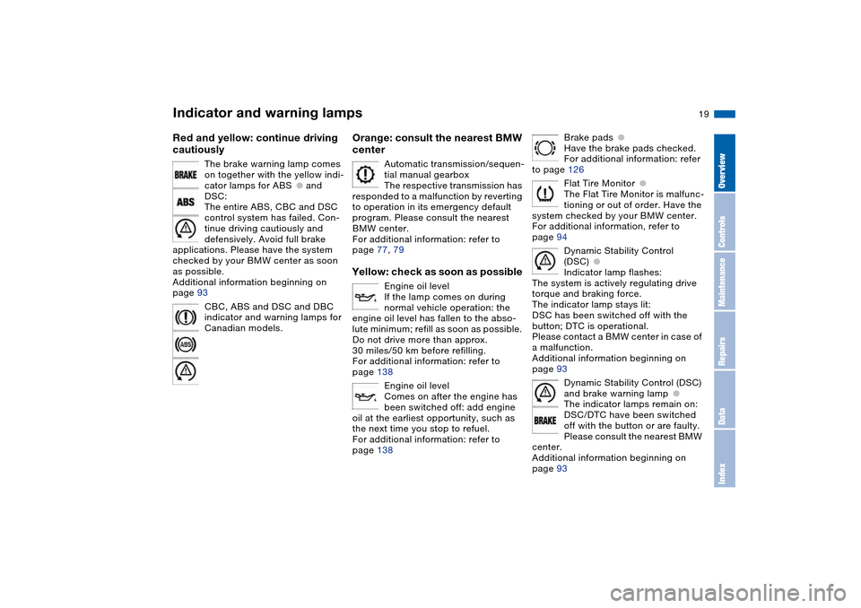 BMW 330CI CONVERTIBLE 2004 E46 Owners Manual  
19
 
Red and yellow: continue driving 
cautiously
 
The brake warning lamp comes 
on together with the yellow indi-
cator lamps for ABS
 
●
 
 and 
DSC:
The entire ABS, CBC and DSC 
control system