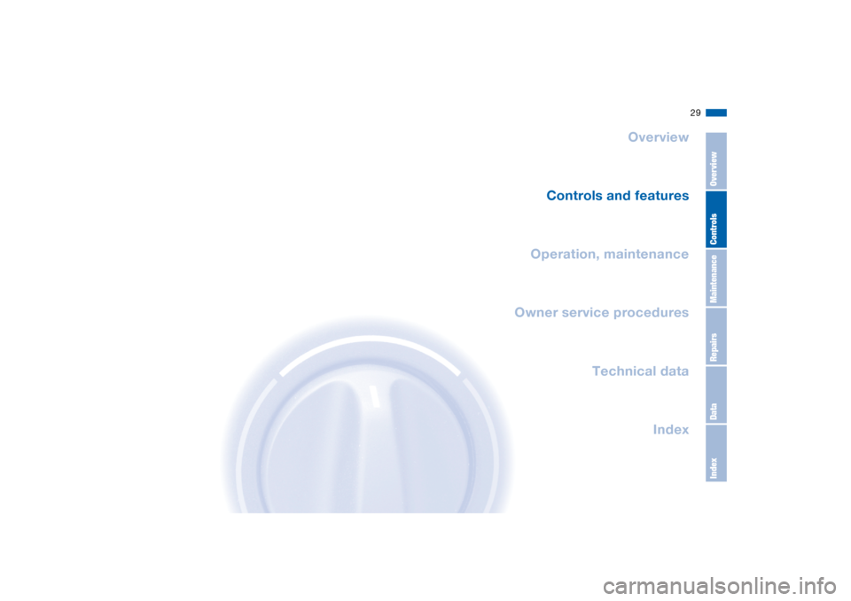 BMW 330CI CONVERTIBLE 2004 E46 Owners Guide 29
Overview
Controls and features
Operation, maintenance
Owner service procedures
Technical data
Index
OverviewControlsMaintenanceRepairsDataIndex 