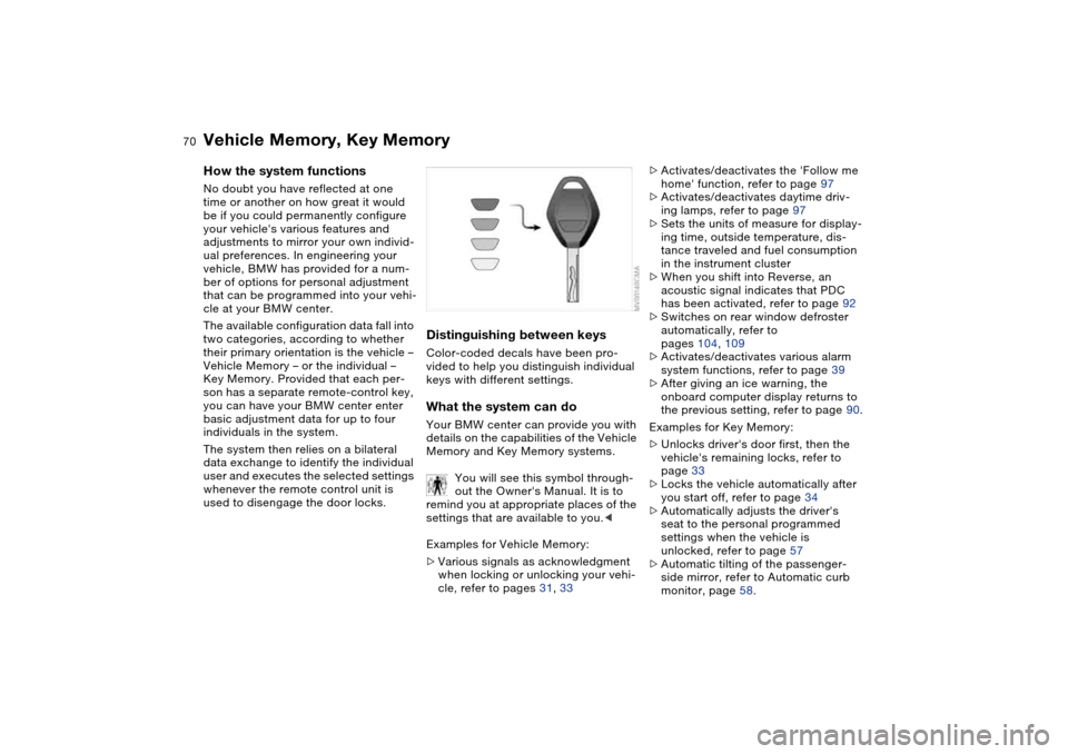 BMW 325CI CONVERTIBLE 2004 E46 Owners Manual 70
Vehicle Memory, Key MemoryHow the system functionsNo doubt you have reflected at one 
time or another on how great it would 
be if you could permanently configure 
your vehicles various features a