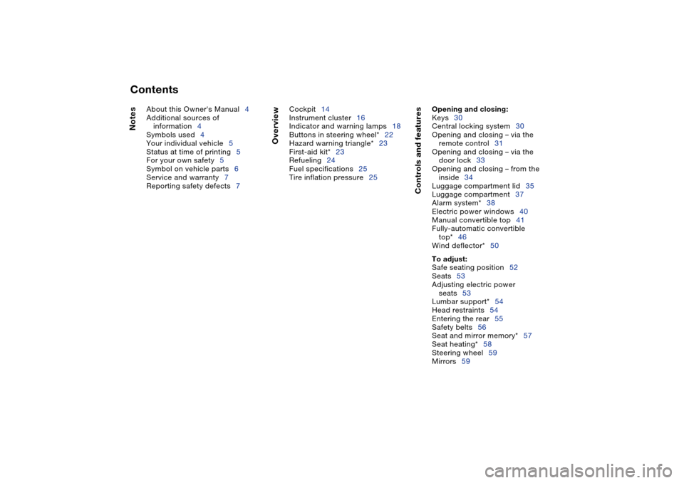 BMW 330CI CONVERTIBLE 2004 E46 Owners Manual  
Contents
 
Notes
 
About this Owners Manual4
Additional sources of 
information4
Symbols used4
Your individual vehicle5
Status at time of printing5
For your own safety5
Symbol on vehicle parts6
Ser