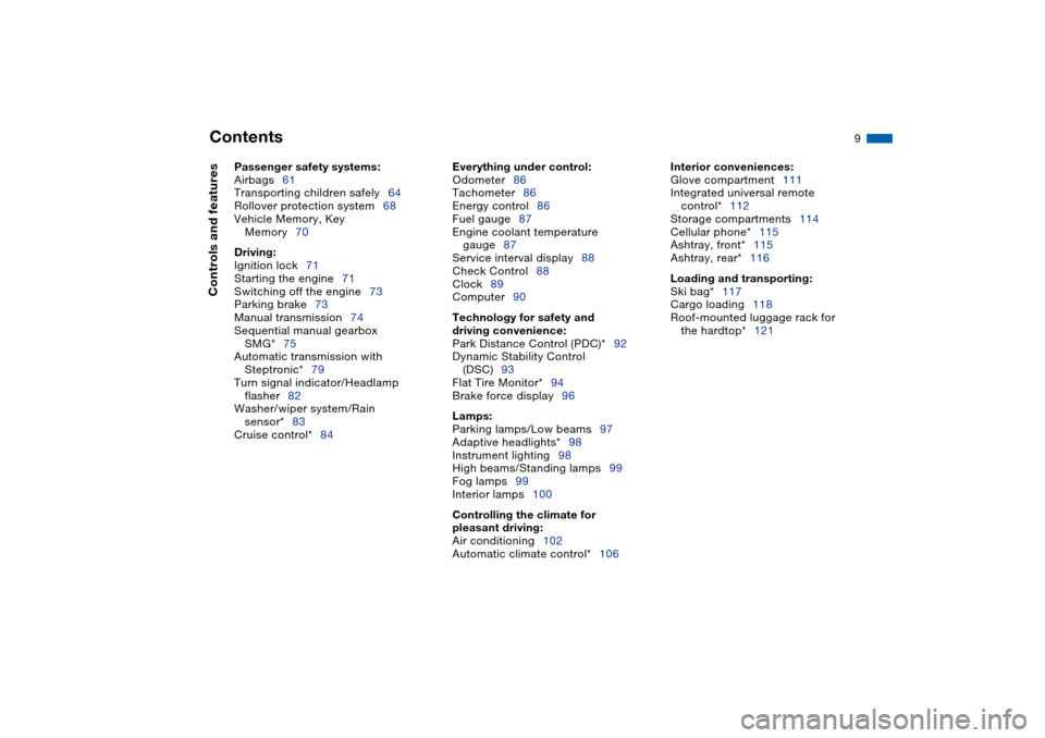 BMW 330CI CONVERTIBLE 2004 E46 Owners Manual  
Contents
 
9
 
Passenger safety systems:
 
Airbags61
Transporting children safely64
Rollover protection system68
Vehicle Memory, Key 
Memory70
 
Driving:
 
Ignition lock71
Starting the engine71
Swit