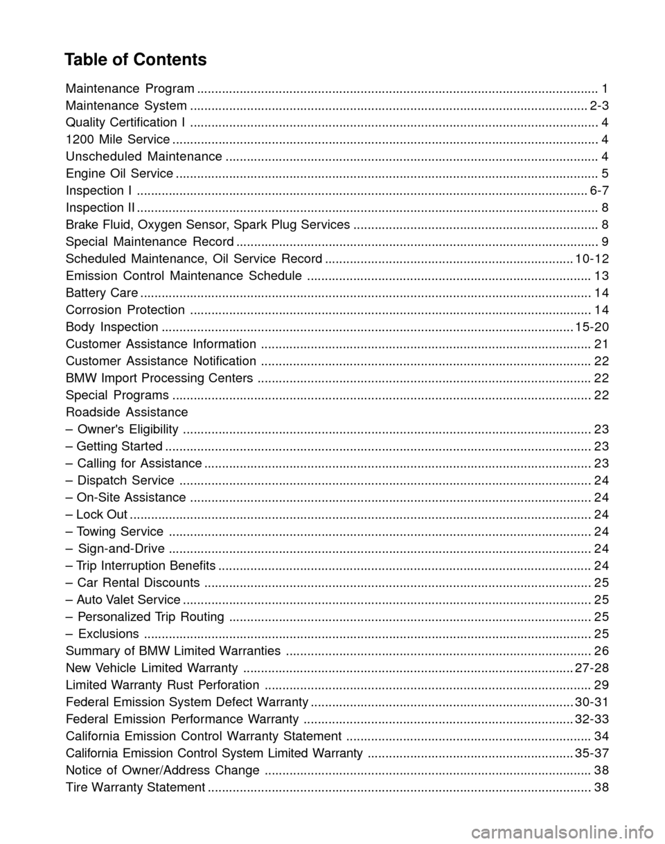 BMW M3 2004 E46 Service and warranty information Table of Contents
Maintenance Program................................................................................................................. 1
Maintenance System............................. BMW M3 2004 E46 Service and warranty information Table of Contents
Maintenance Program................................................................................................................. 1
Maintenance System.............................
