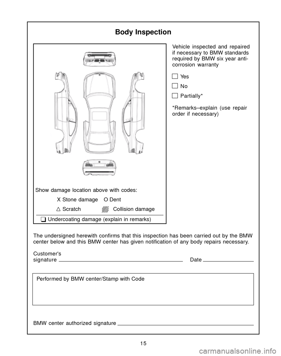 BMW M3 2004 E46 Service and warranty information Vehicle inspected and repaired
if necessary to BMW standards
required by BMW six year anti-
corrosion warranty
Ye s
No
Partially*
*Remarks–explain (use repair
order if necessary)
Body Inspection
Sho