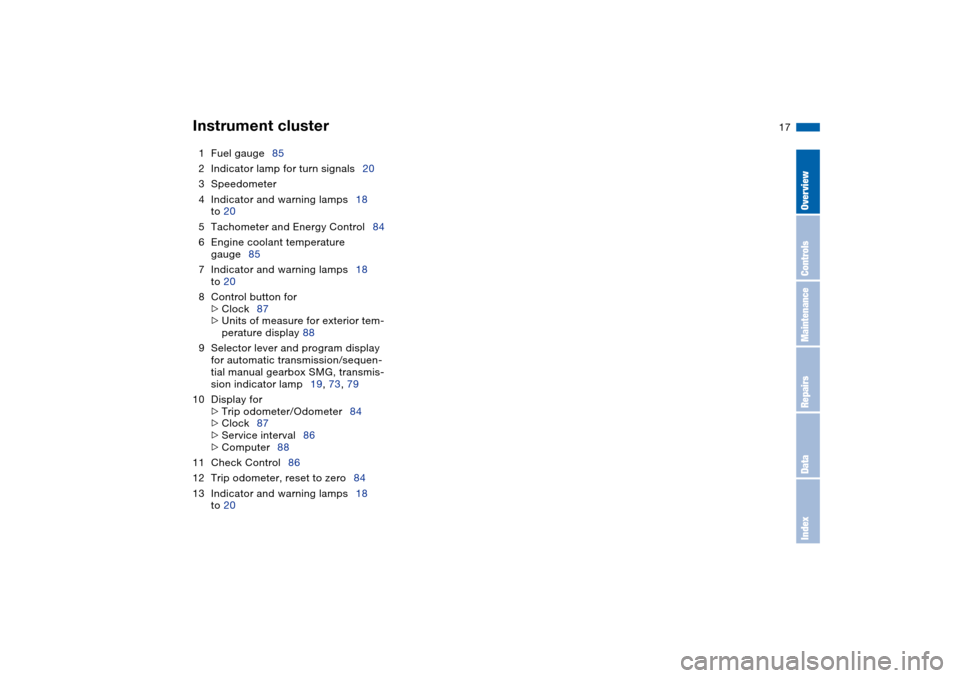 BMW 330CI COUPE 2005 E46 Owners Manual  
17
1Fuel gauge85
2Indicator lamp for turn signals20
3Speedometer
4Indicator and warning lamps18
to 20
5Tachometer and Energy Control84
6Engine coolant temperature 
gauge85
7Indicator and warning lam
