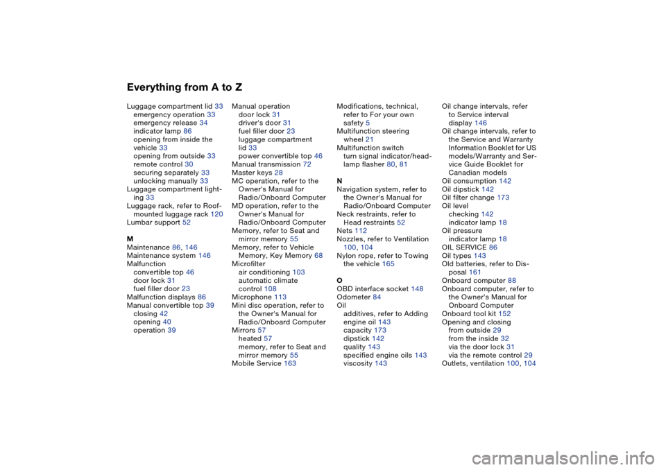 BMW 330CI COUPE 2005 E46 Owners Manual Everything from A to ZLuggage compartment lid 33
emergency operation 33
emergency release 34
indicator lamp 86
opening from inside the 
vehicle 33
opening from outside 33
remote control 30
securing se