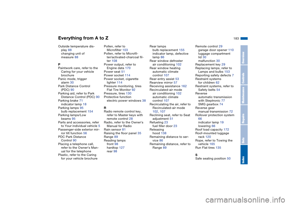 BMW 330CI COUPE 2005 E46 Owners Manual Everything from A to Z
183
Outside temperature dis-
play 88
changing unit of 
measure 88
P
Paintwork care, refer to the 
Caring for your vehicle 
brochure
Panic mode, trigger 
alarm 30
Park Distance C