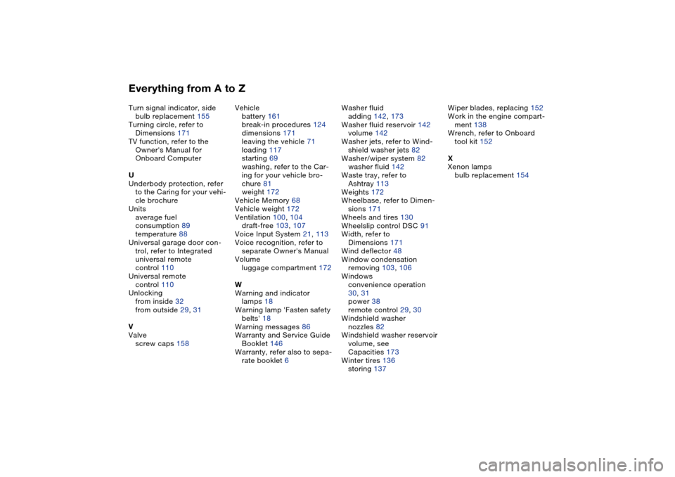 BMW 325CI COUPE 2005 E46 User Guide Everything from A to ZTurn signal indicator, side
bulb replacement 155
Turning circle, refer to 
Dimensions 171
TV function, refer to the 
Owners Manual for 
Onboard Computer
U
Underbody protection, 