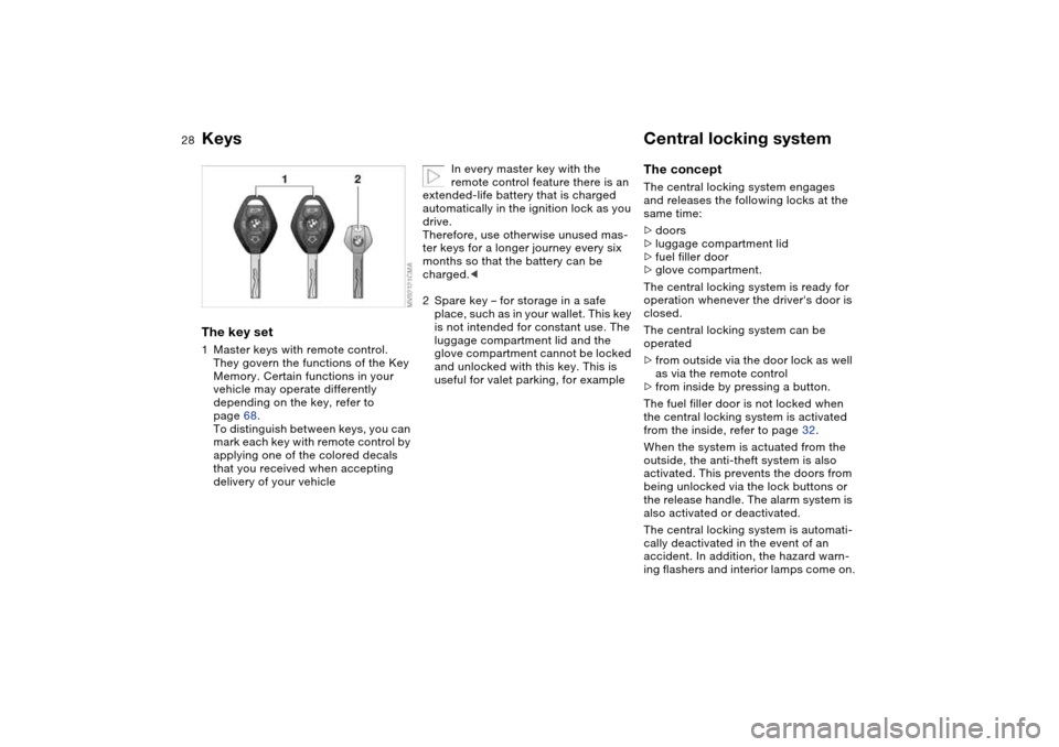 BMW 330CI COUPE 2005 E46 Owners Guide 28Opening and closing
KeysThe key set1Master keys with remote control.
They govern the functions of the Key
Memory. Certain functions in your
vehicle may operate differently
depending on the key, BMW 330CI COUPE 2005 E46 Owners Guide 28Opening and closing
KeysThe key set1Master keys with remote control.
They govern the functions of the Key
Memory. Certain functions in your
vehicle may operate differently
depending on the key,