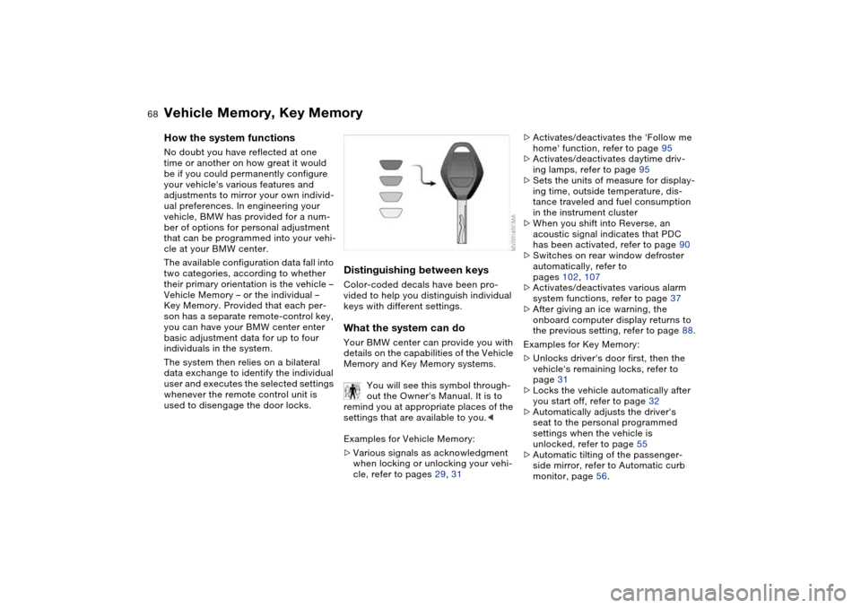 BMW 325CI COUPE 2005 E46 Owners Manual 68
Vehicle Memory, Key MemoryHow the system functionsNo doubt you have reflected at one 
time or another on how great it would 
be if you could permanently configure 
your vehicles various features a