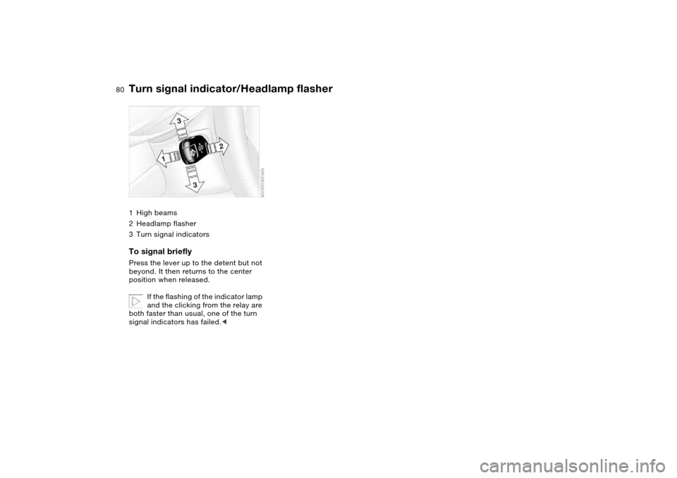 BMW 325CI COUPE 2005 E46 Owners Manual 80
Turn signal indicator/Headlamp flasher1High beams
2Headlamp flasher
3Turn signal indicatorsTo signal brieflyPress the lever up to the detent but not 
beyond. It then returns to the center 
position