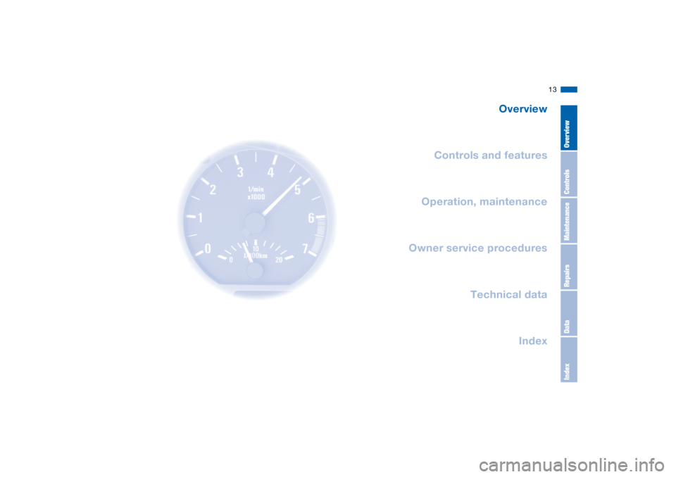 BMW 325XI TOURING 2005 E46 Owners Manual  
13
 
Overview
Controls and features
Operation, maintenance
Owner service procedures
Technical data
Index
 
OverviewControlsMaintenanceRepairsDataIndex 