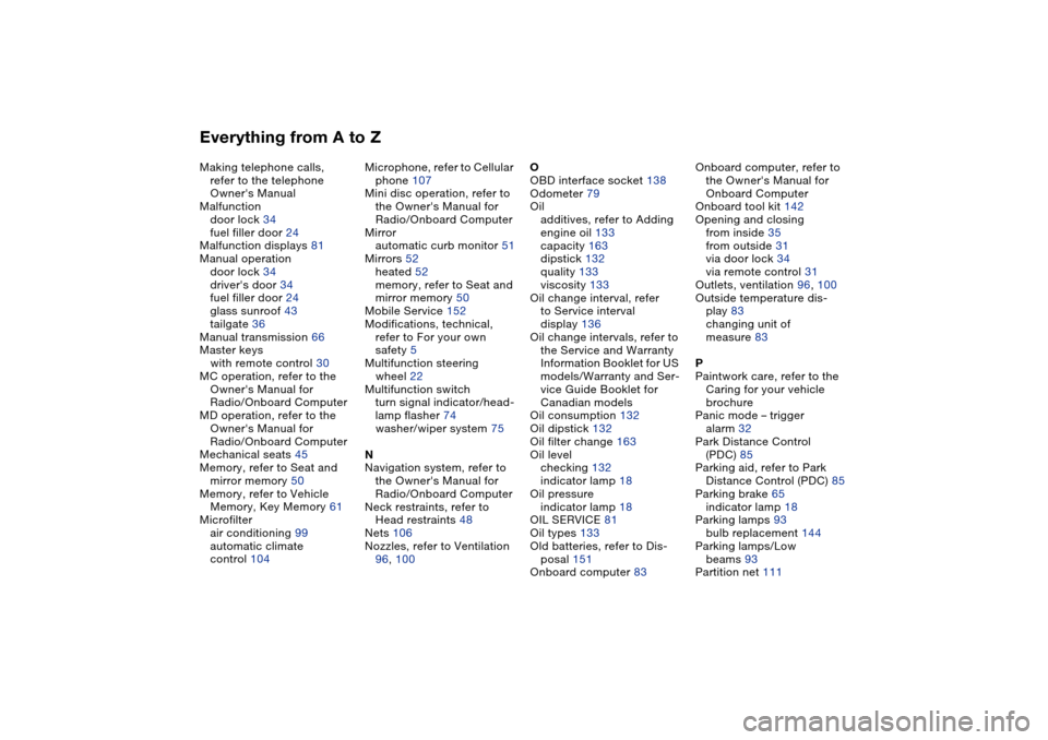 BMW 325I TOURING 2005 E46 User Guide Everything from A to ZMaking telephone calls, 
refer to the telephone 
Owners Manual
Malfunction
door lock 34
fuel filler door 24
Malfunction displays 81
Manual operation
door lock 34
drivers door 3