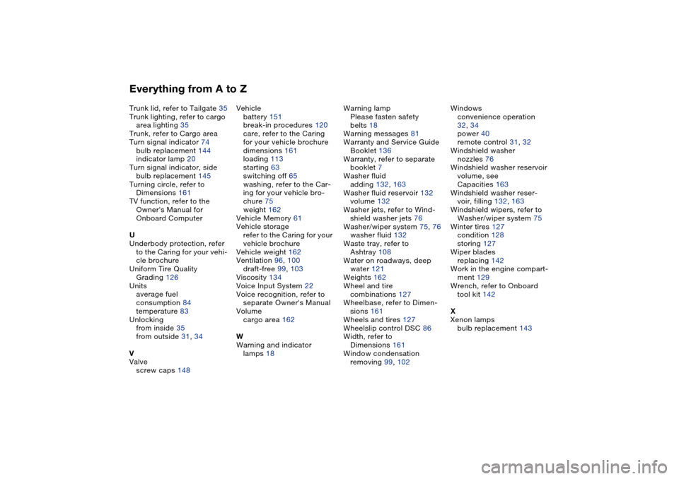 BMW 325XI TOURING 2005 E46 Owners Guide Everything from A to ZTrunk lid, refer to Tailgate 35
Trunk lighting, refer to cargo 
area lighting 35
Trunk, refer to Cargo area
Turn signal indicator 74
bulb replacement 144
indicator lamp 20
Turn s