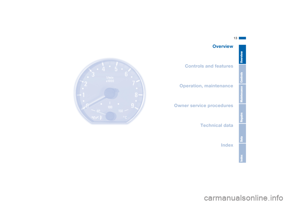 BMW M3 CONVERTIBLE 2006 E46 Owners Manual  
13
 
Overview
Controls and features
Operation, maintenance
Owner service procedures
Technical data
Index
 
OverviewControlsMaintenanceRepairsDataIndex 