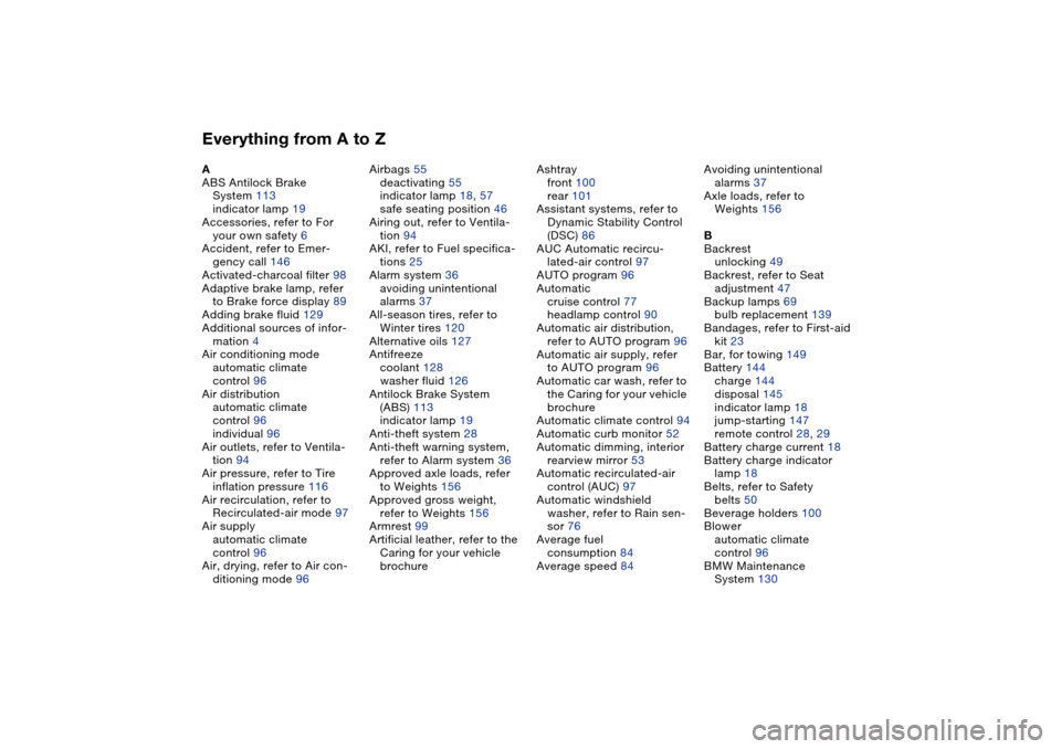 BMW M3 CONVERTIBLE 2006 E46 Owners Manual Everything from A to ZA
ABS Antilock Brake 
System 113
indicator lamp 19
Accessories, refer to For 
your own safety 6
Accident, refer to Emer-
gency call 146
Activated-charcoal filter 98
Adaptive brak