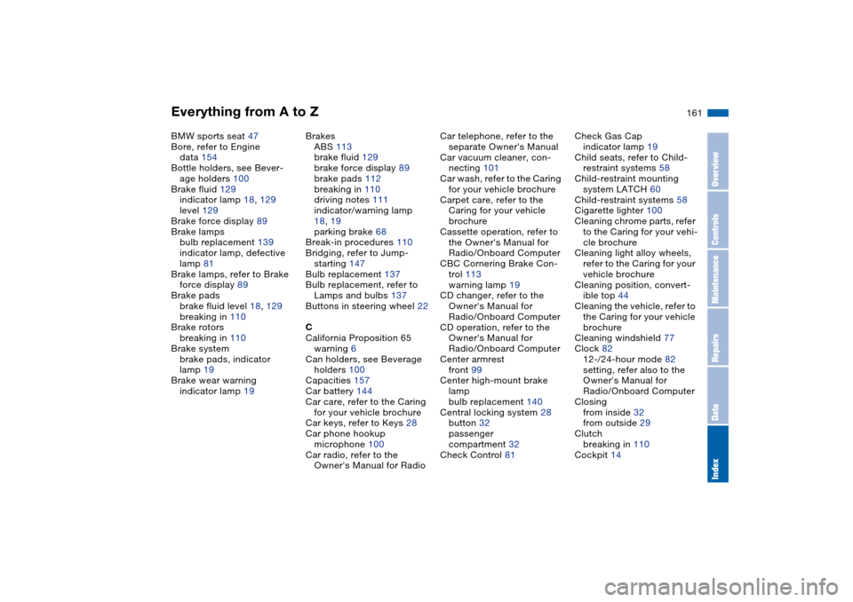 BMW M3 CONVERTIBLE 2006 E46 Owners Manual Everything from A to Z
161
BMW sports seat 47
Bore, refer to Engine 
data 154
Bottle holders, see Bever-
age holders 100
Brake fluid 129
indicator lamp 18, 129
level 129
Brake force display 89
Brake l