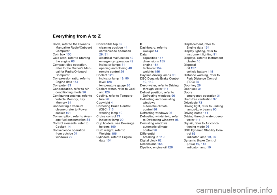 BMW M3 CONVERTIBLE 2006 E46 Owners Manual Everything from A to ZCode, refer to the Owners 
Manual for Radio/Onboard 
Computer
Coin box 100
Cold start, refer to Starting 
the engine 66
Compact disc operation, 
refer to the Owners Man-
ual fo
