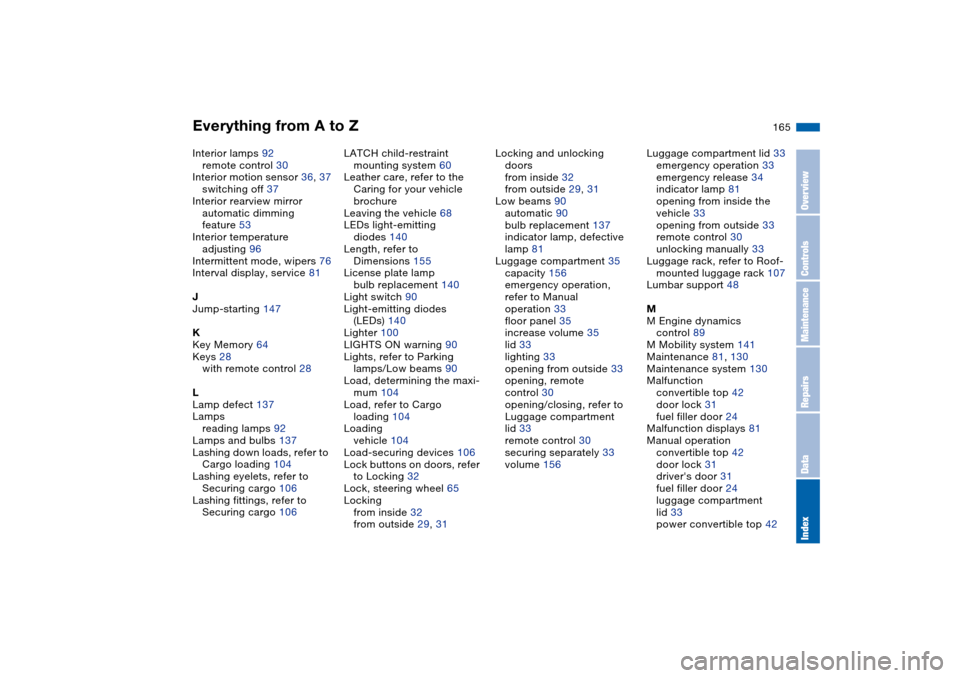 BMW M3 CONVERTIBLE 2006 E46 Owners Manual Everything from A to Z
165
Interior lamps 92
remote control 30
Interior motion sensor 36, 37
switching off 37
Interior rearview mirror
automatic dimming 
feature 53
Interior temperature
adjusting 96
I